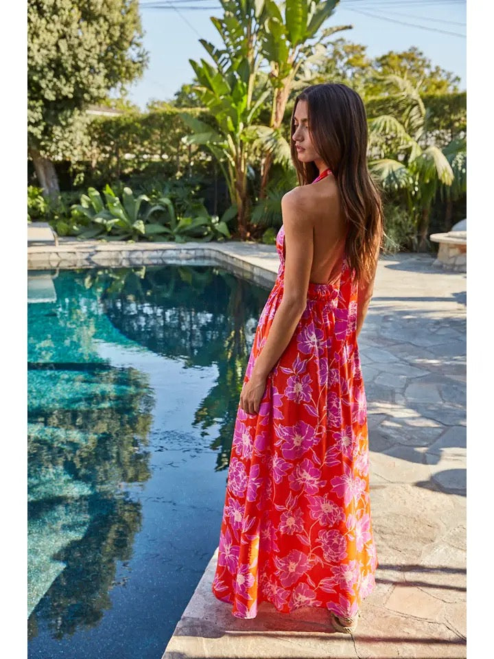 Woven Rayon Nylon Floral Print Halter Maxi Dress