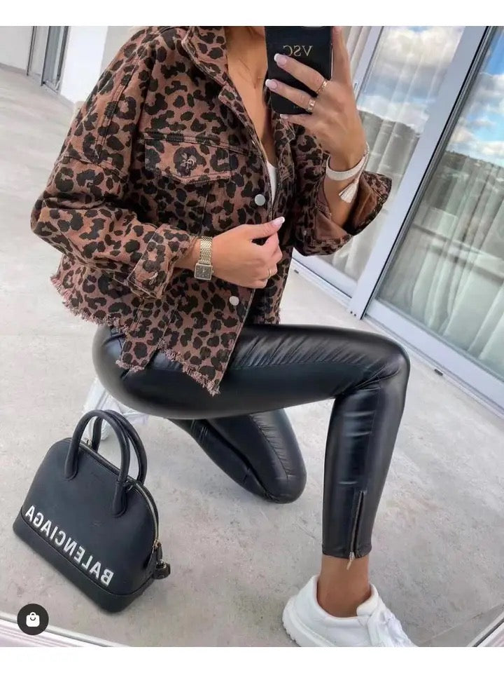 Ladies Long Sleeves Leopard Print Daily Denim Jacket