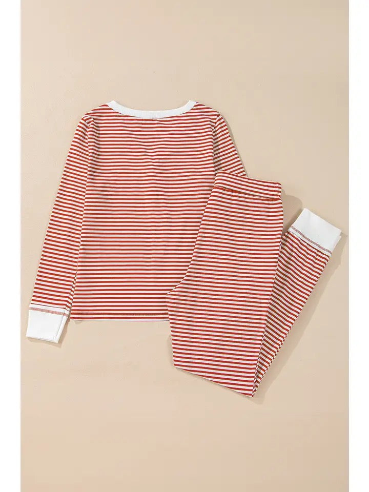 Stripe Button V Neck Top and Knotted Waist Pants Lounge Set