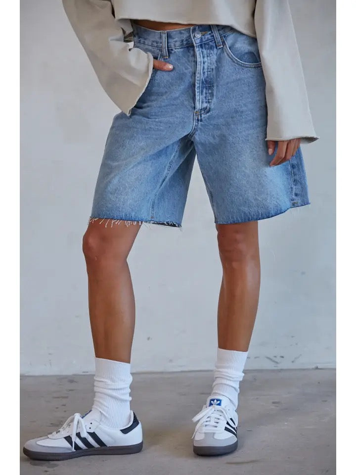 Woven Denim Cotton Straight Leg Bermuda Shorts