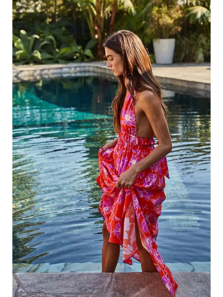 Woven Rayon Nylon Floral Print Halter Maxi Dress