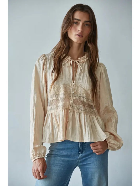 Woven Polyester Nylon Sheer Lace Detail Blouse
