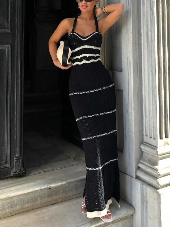 Knit Contrast Color French Boho Slip Dress