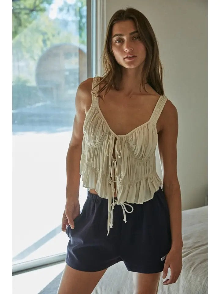 Woven Rayon Plunged V-Neck Sleeveless Smocked Top