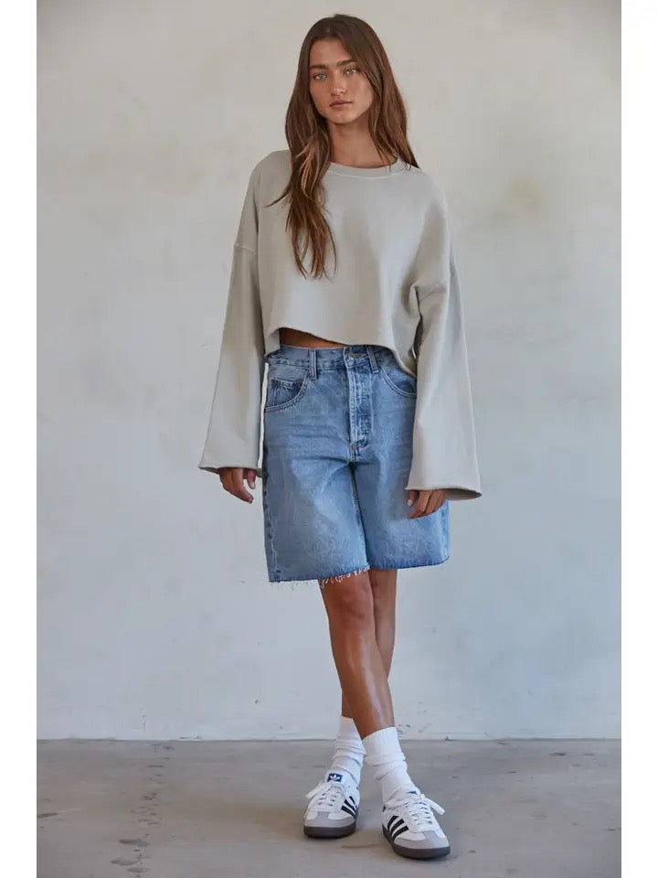 Woven Denim Cotton Straight Leg Bermuda Shorts