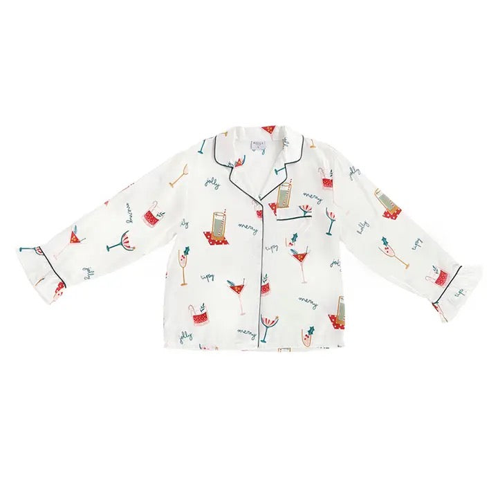 Ruffle Pj Set with Velvet Tie - Holiday Drinks