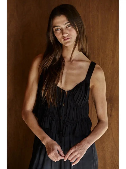 Woven Rayon Plunged V-Neck Sleeveless Smocked Top