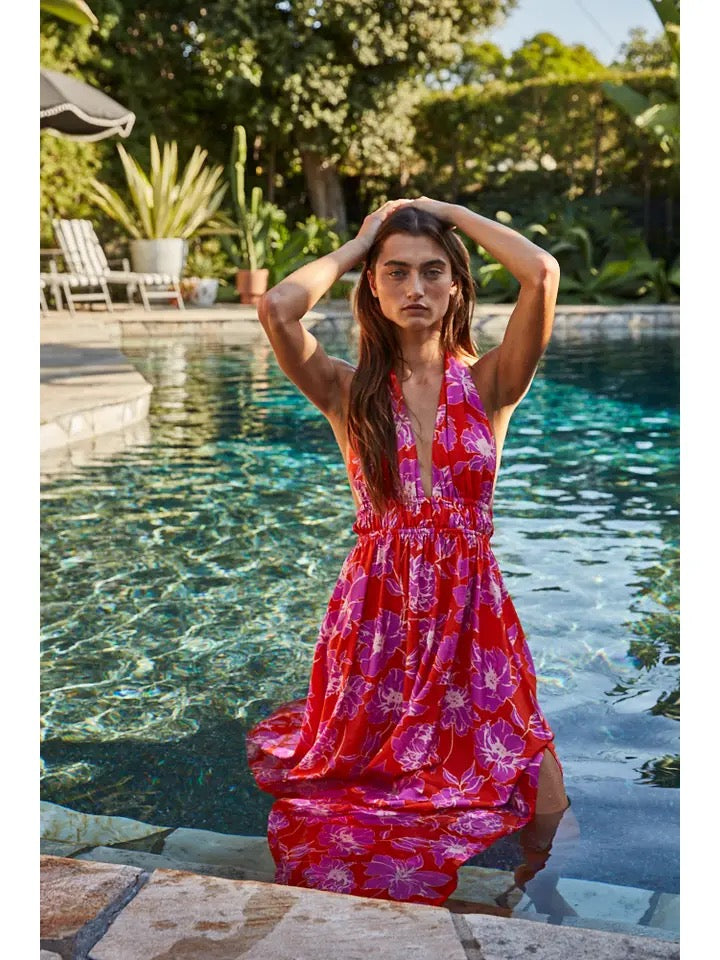 Woven Rayon Nylon Floral Print Halter Maxi Dress