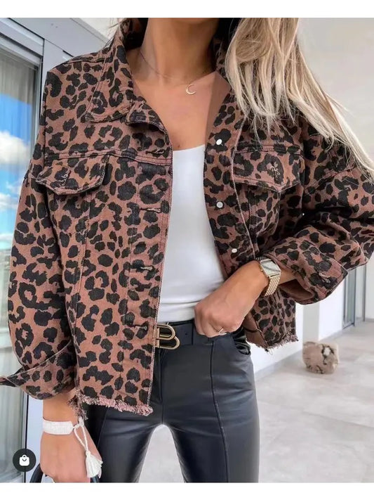 Ladies Long Sleeves Leopard Print Daily Denim Jacket