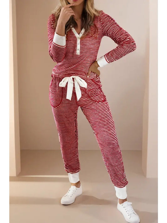 Stripe Button V Neck Top and Knotted Waist Pants Lounge Set