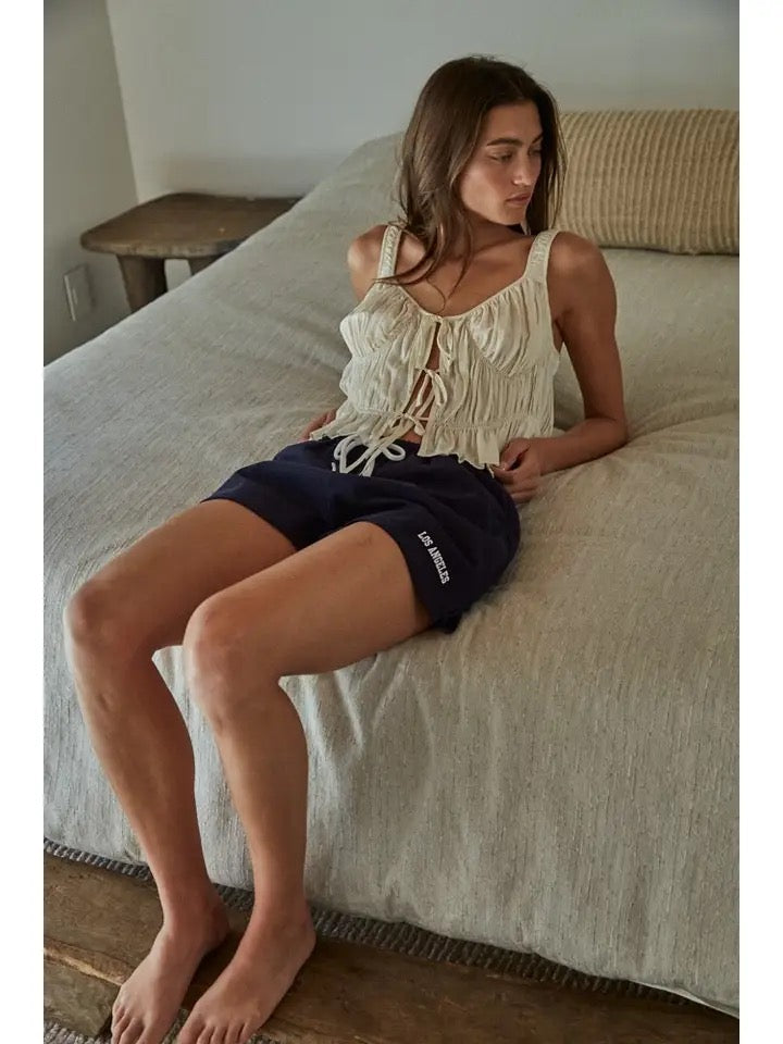 Woven Rayon Plunged V-Neck Sleeveless Smocked Top