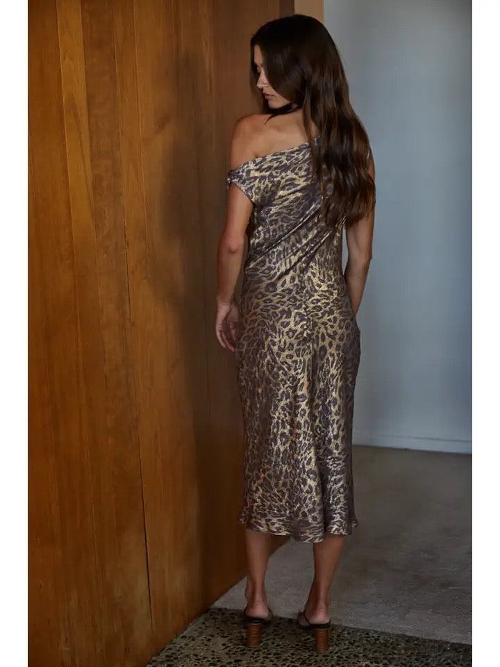 Woven Polyester Leopard Print Cowl Neck Midi Dress