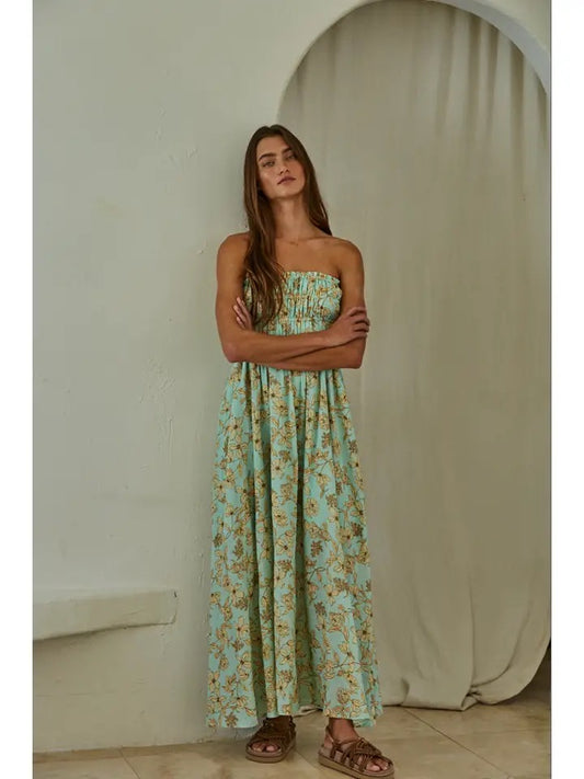 Woven Cotton Rayon Floral Print Smocked Tube Dress