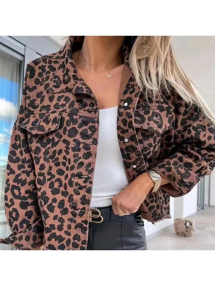 Ladies Long Sleeves Leopard Print Daily Denim Jacket