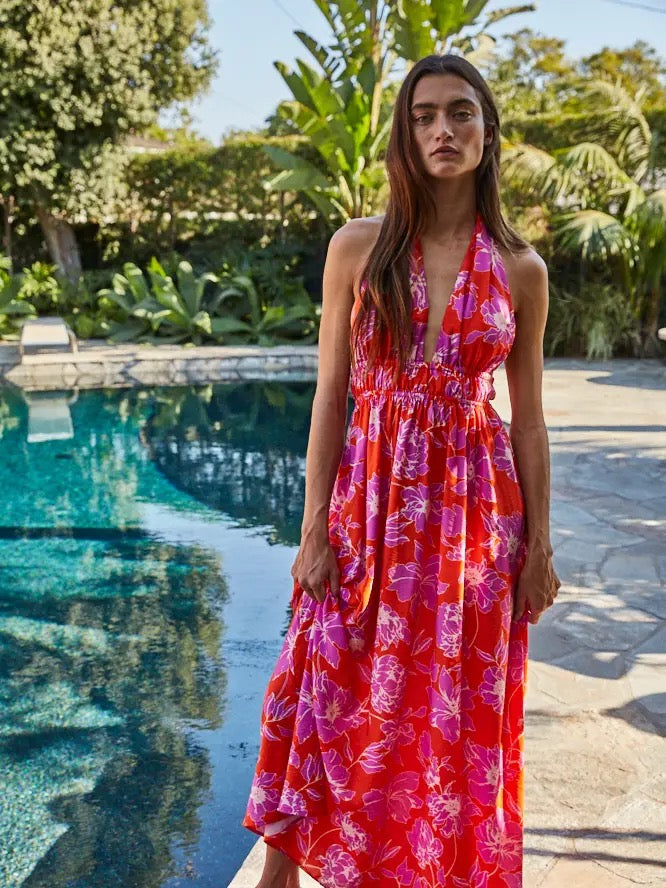 Woven Rayon Nylon Floral Print Halter Maxi Dress