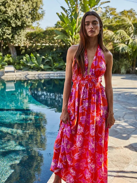 Woven Rayon Nylon Floral Print Halter Maxi Dress