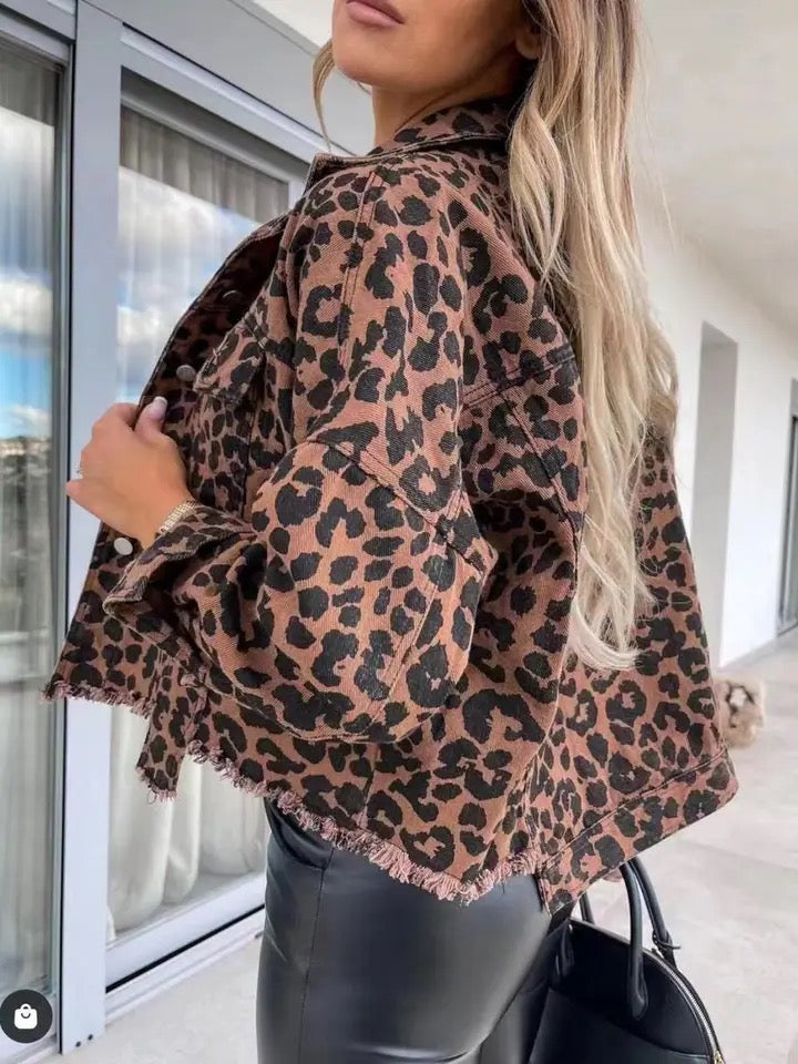 Ladies Long Sleeves Leopard Print Daily Denim Jacket