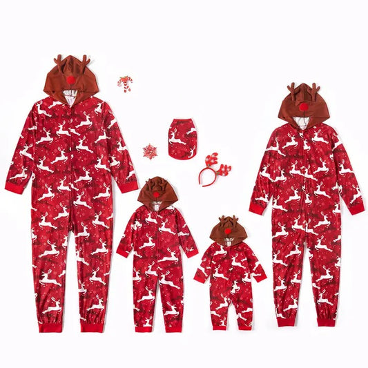 Christmas All Over Reindeer Print 3D Antlers Red Family Matching Long-Sleeve Hooded Onesies Pajamas Sets Flame Resistant