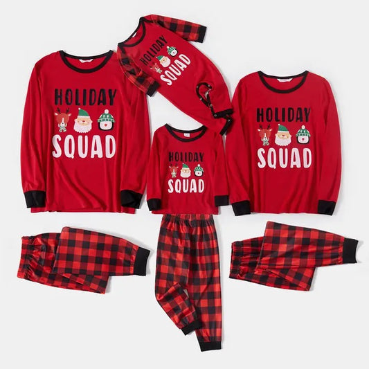 Christmas Cartoon Face and Letter Print Red Family Matching Long-Sleeve Plaid Pajamas Sets Flame Resistant
