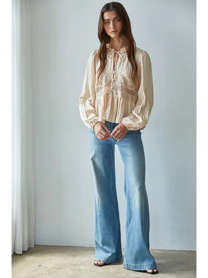 Woven Polyester Nylon Sheer Lace Detail Blouse