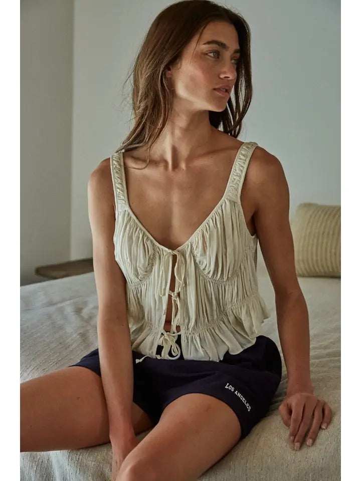 Woven Rayon Plunged V-Neck Sleeveless Smocked Top