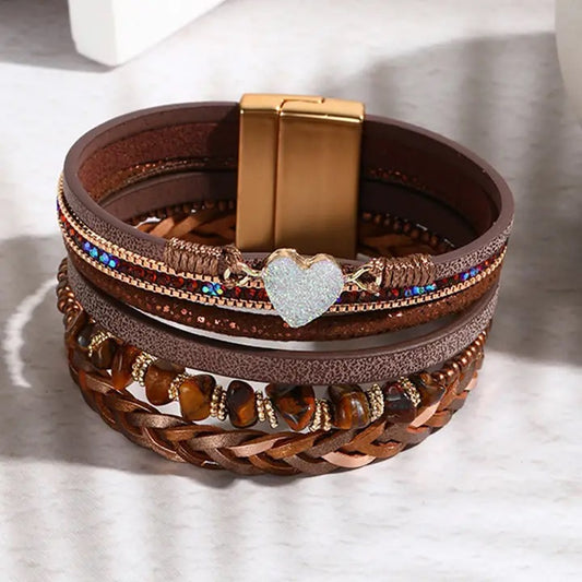 Brown Glittering Heart Accent Multi-Layer Vintage Bracelet
