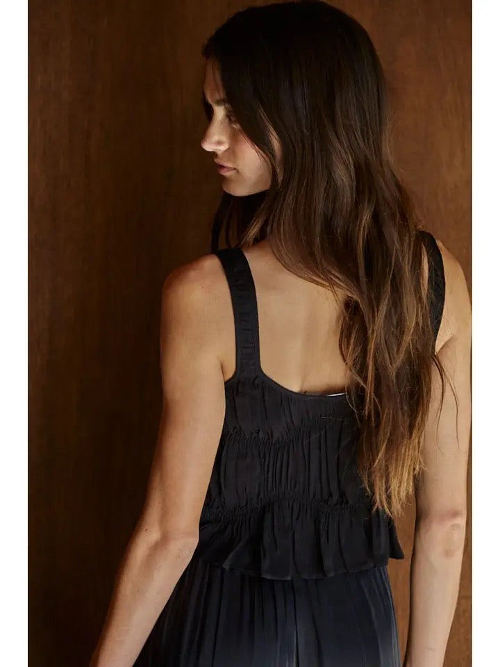 Woven Rayon Plunged V-Neck Sleeveless Smocked Top