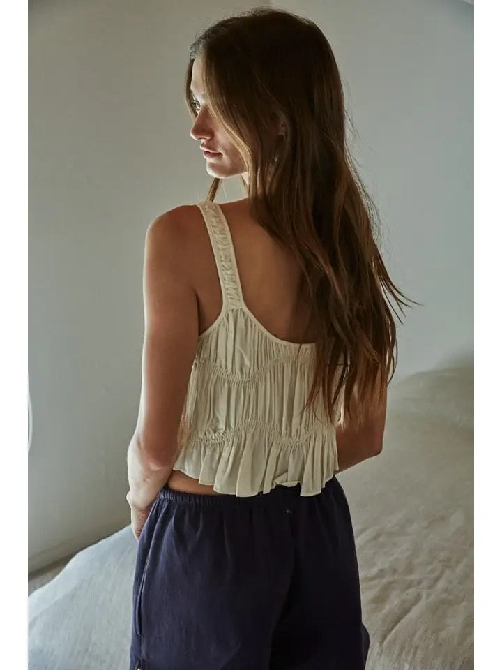 Woven Rayon Plunged V-Neck Sleeveless Smocked Top