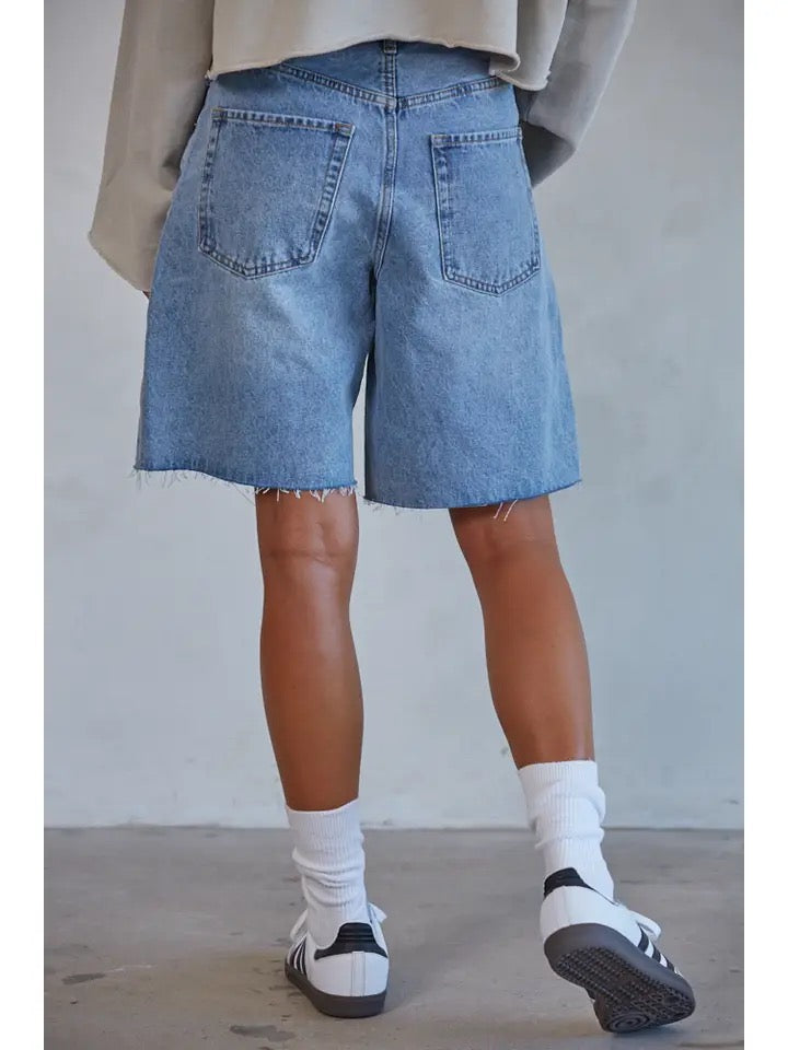 Woven Denim Cotton Straight Leg Bermuda Shorts