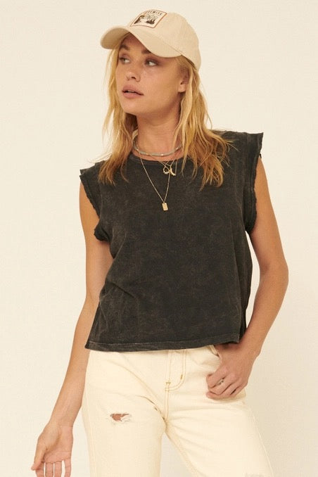 Mineral Washed Drop-Arm Distressed Sleeveless Tee