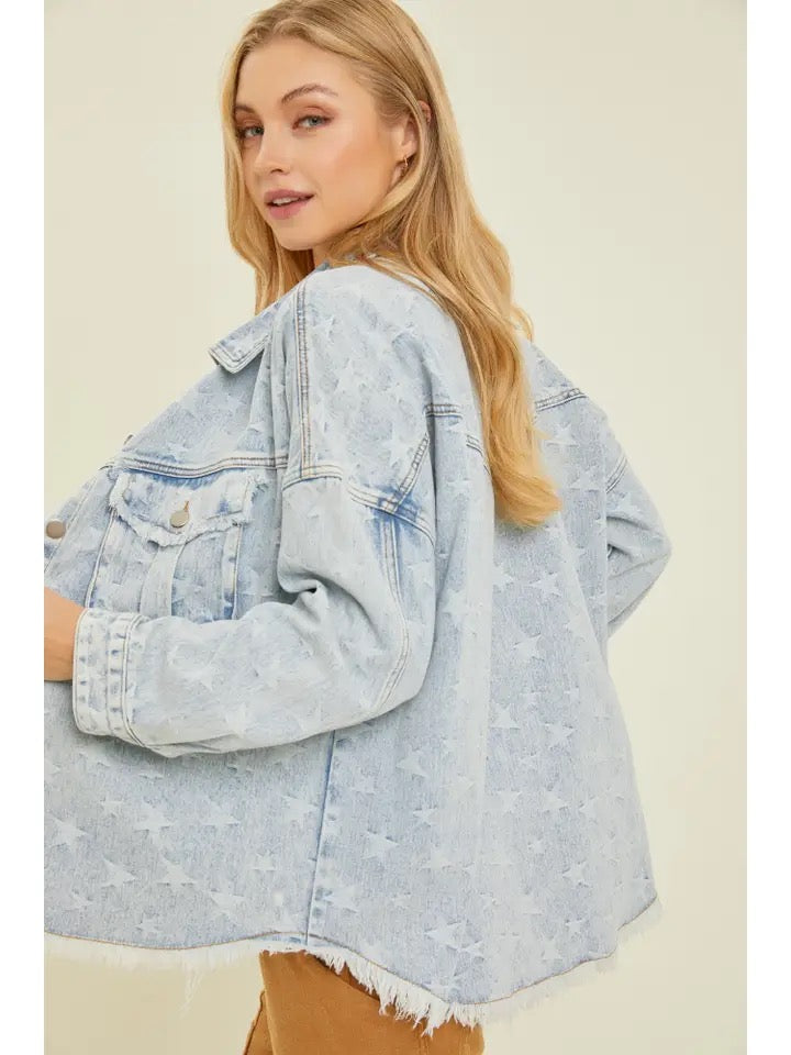 Western Washed and Distressed Star Denim Jacket