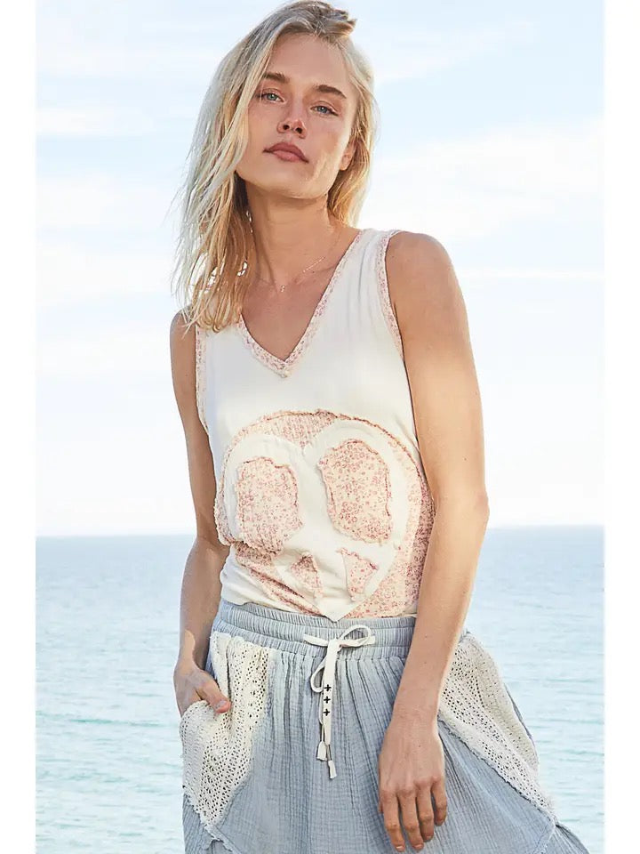 V-Neck Sleeveless Front Woven Heart Peace Patch Top