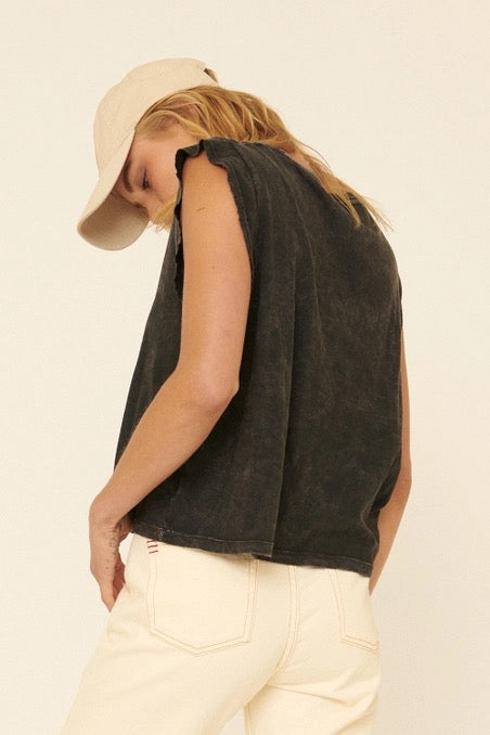 Mineral Washed Drop-Arm Distressed Sleeveless Tee