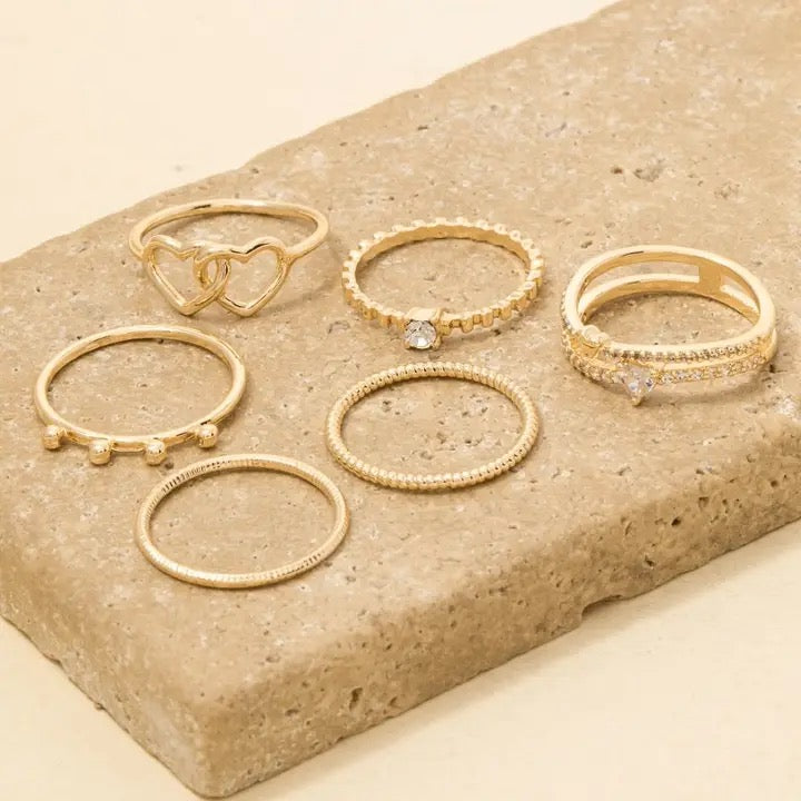 Six Piece Assorted Heart Rings Set