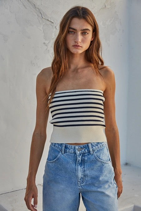 Knit Sweater Ribbed Striped Strapless Tube Top