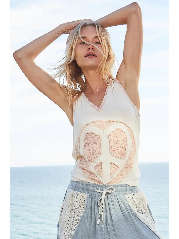 V-Neck Sleeveless Front Woven Heart Peace Patch Top