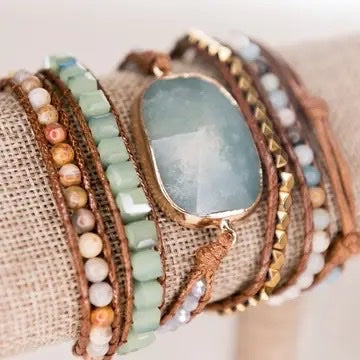 Wrap Beaded Leather Bracelet with Amazonite Stone, Boho Cuff