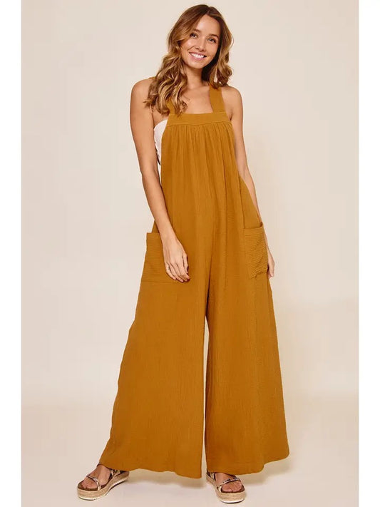 Cotton Gauze Solid Wide Leg Jumpsuit