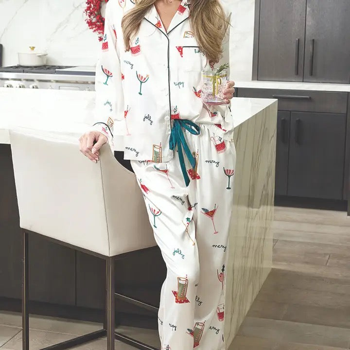 Ruffle Pj Set with Velvet Tie - Holiday Drinks