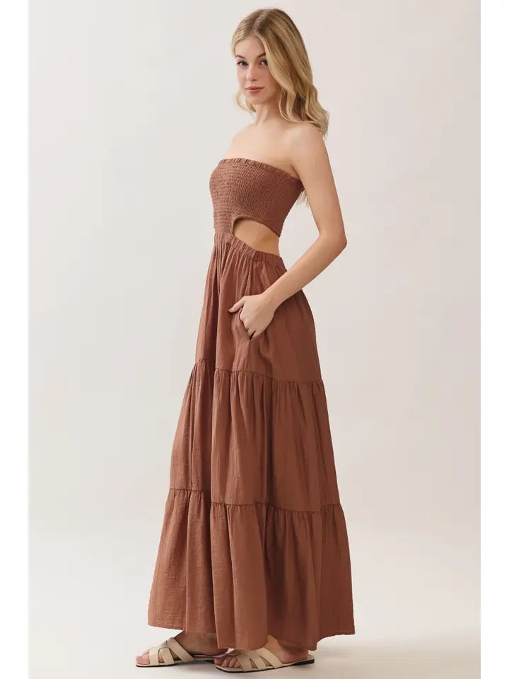 Smocked Tube Top Waist Elastic Tiered Maxi Dress