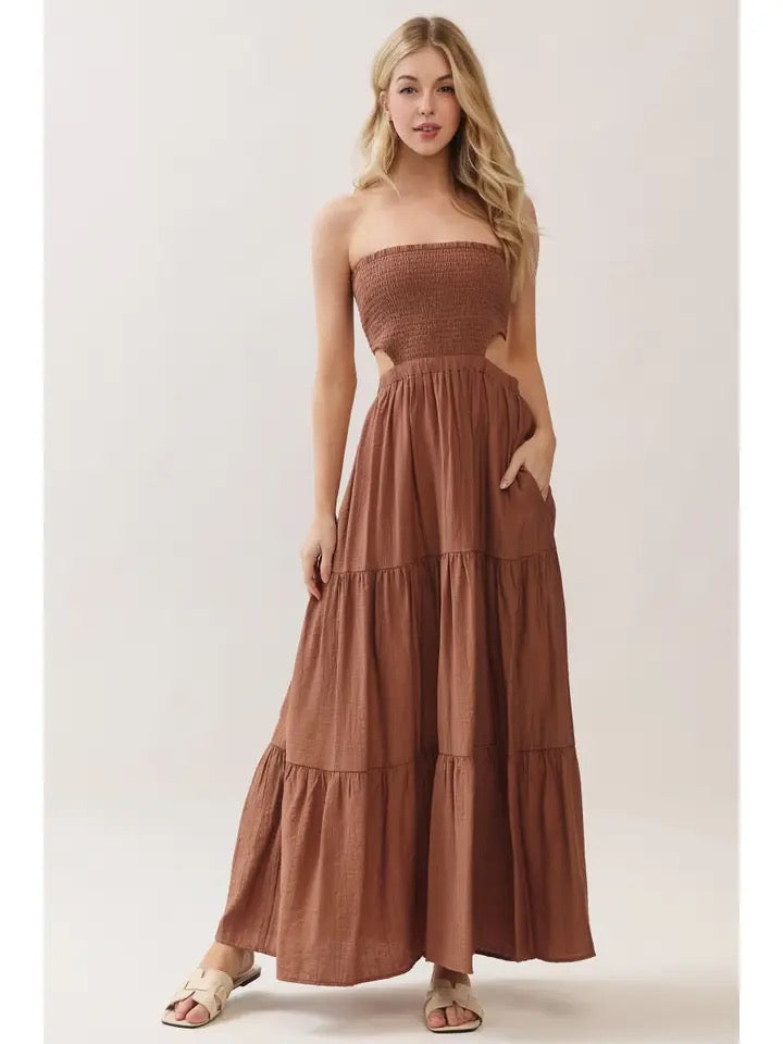 Smocked Tube Top Waist Elastic Tiered Maxi Dress