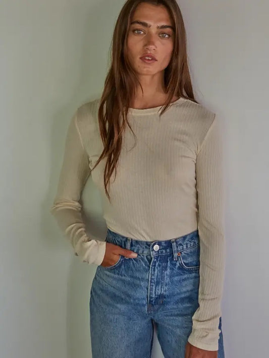 Knit Ribbed Cotton Spandex Long Sleeve Top