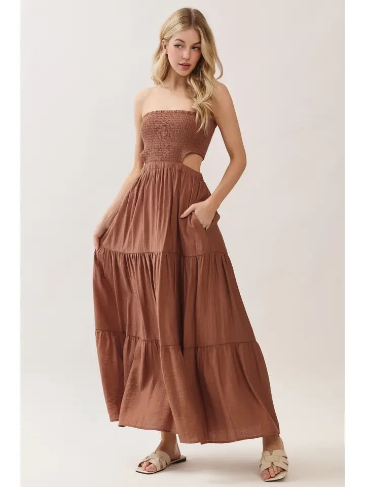 Smocked Tube Top Waist Elastic Tiered Maxi Dress
