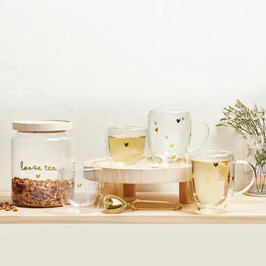 Double-Wall Tea Cup with Handle - Gold Foil Hearts