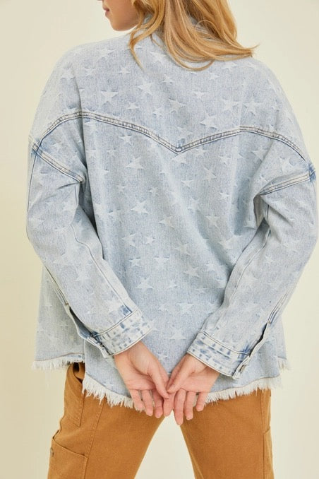 Western Washed and Distressed Star Denim Jacket