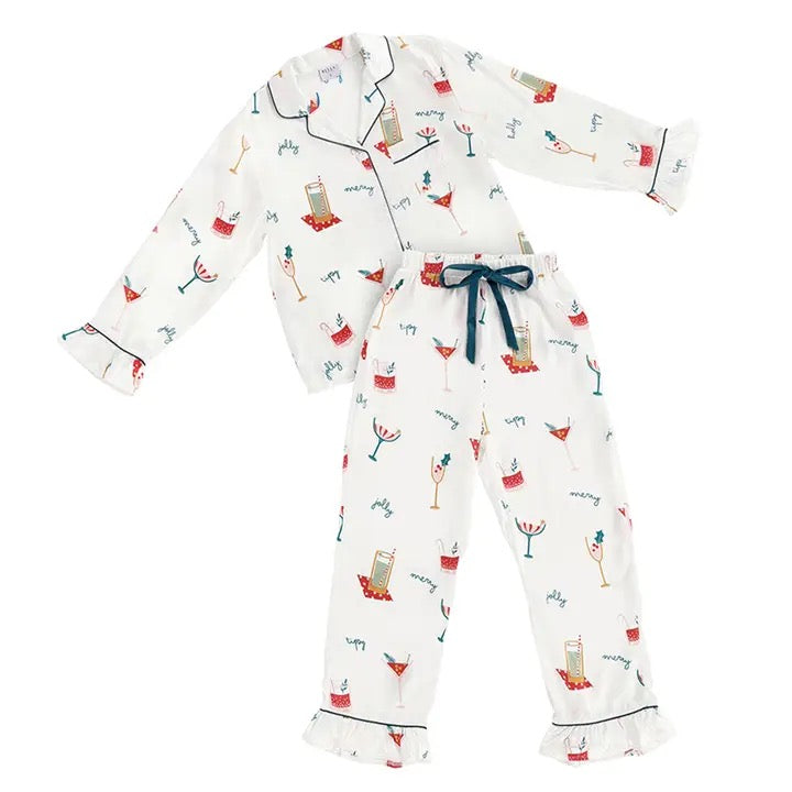 Ruffle Pj Set with Velvet Tie - Holiday Drinks