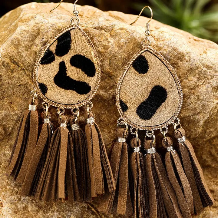 Boho Leopard Tasseled Hook Earrings