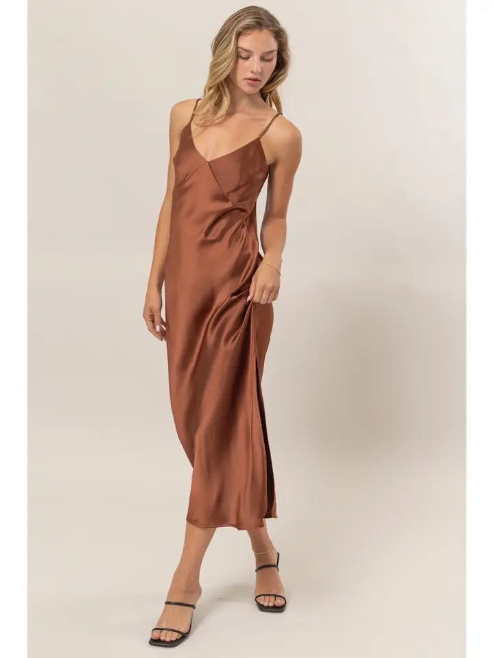 V-Neck Satin Midi Dress