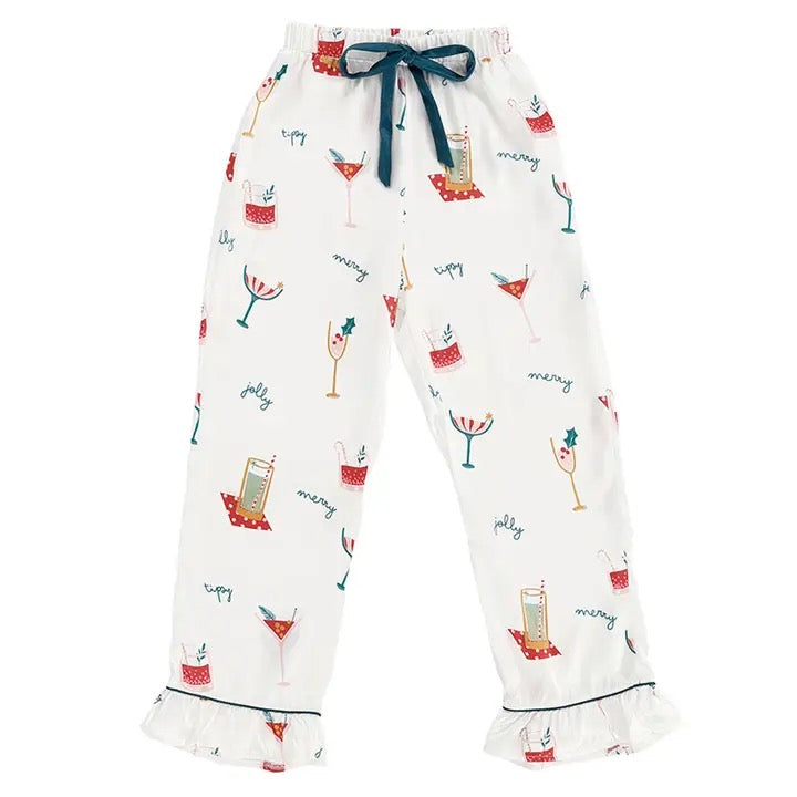 Ruffle Pj Set with Velvet Tie - Holiday Drinks