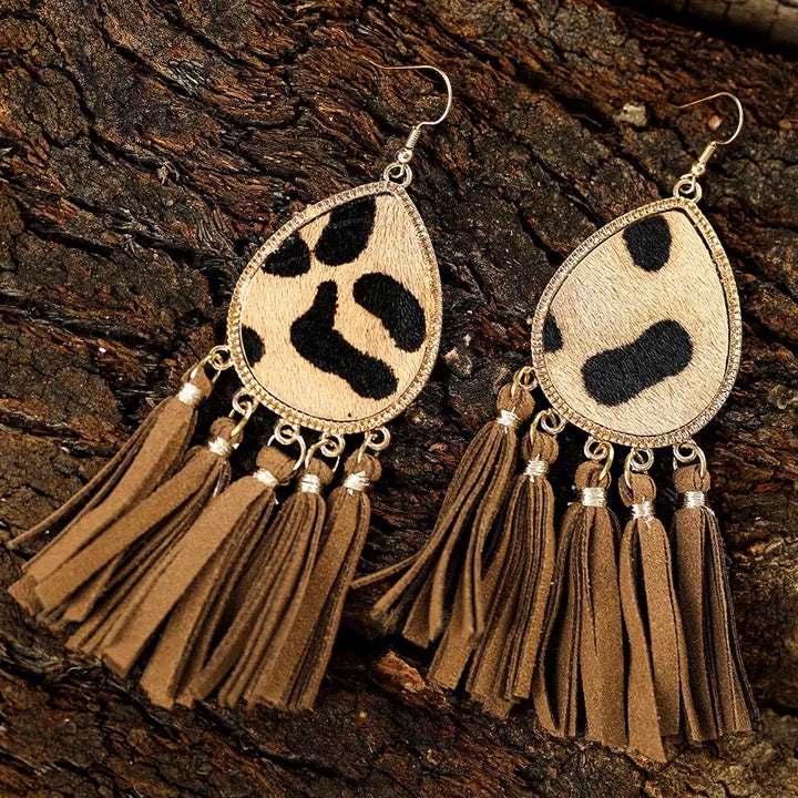 Boho Leopard Tasseled Hook Earrings